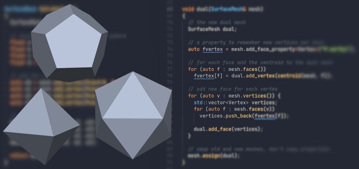 Platonic solids in front of blurry C++ code